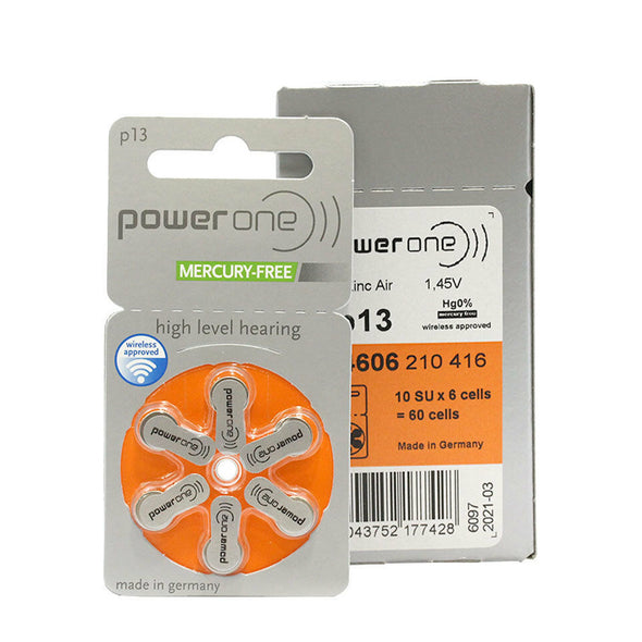 PowerOne Size 13 PR48 p13 MERCURY FREE 1.45V Hearing Aid Batteries (60 Pack)